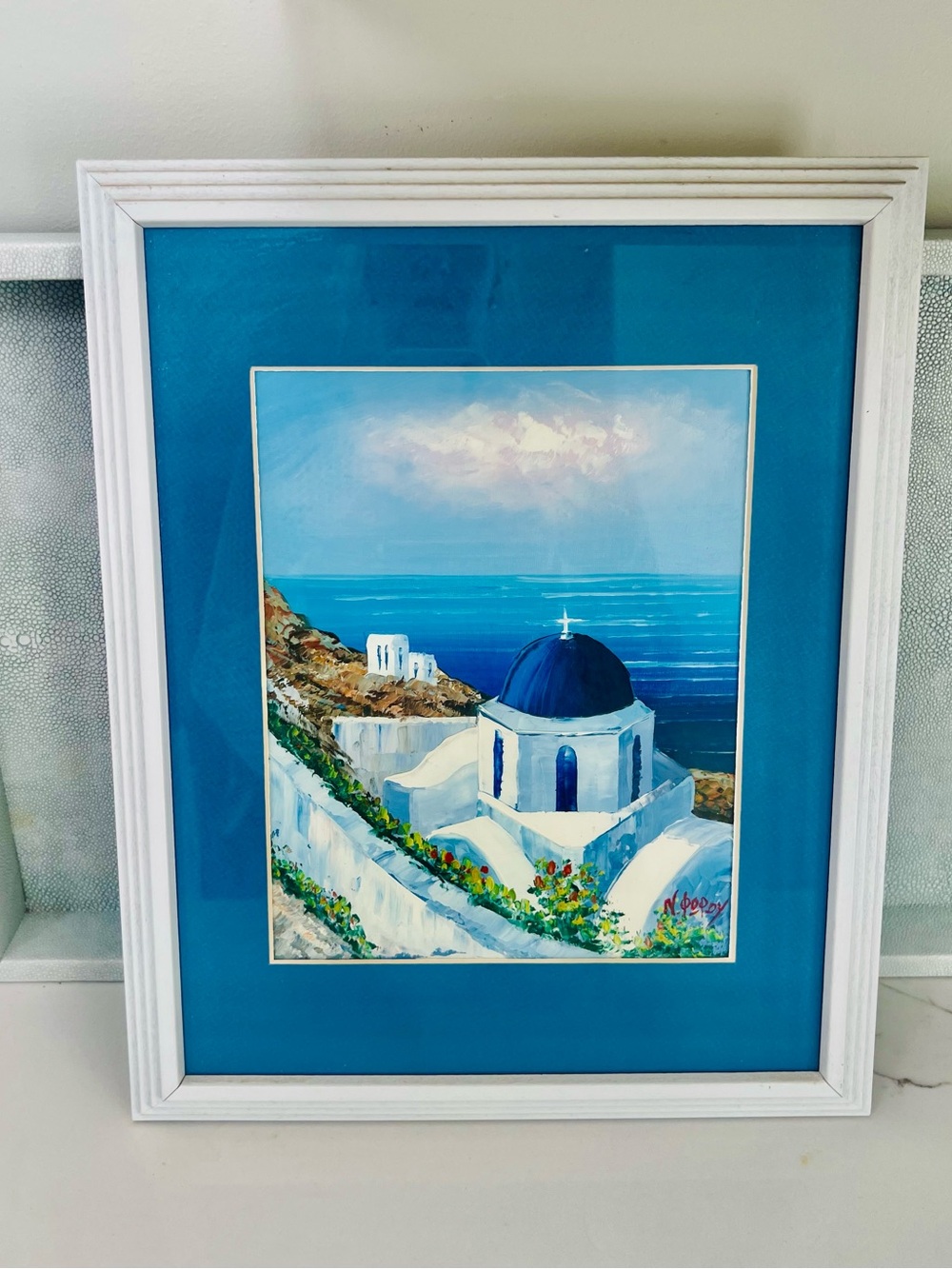 Greece Framed Oil Painting Blue Mediterranean Church Wall Art